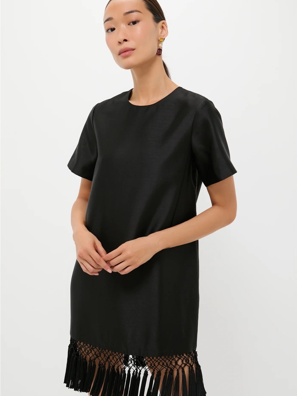 Tuckernuck Black Short-Sleeve Mini Dress with Fringe Hem